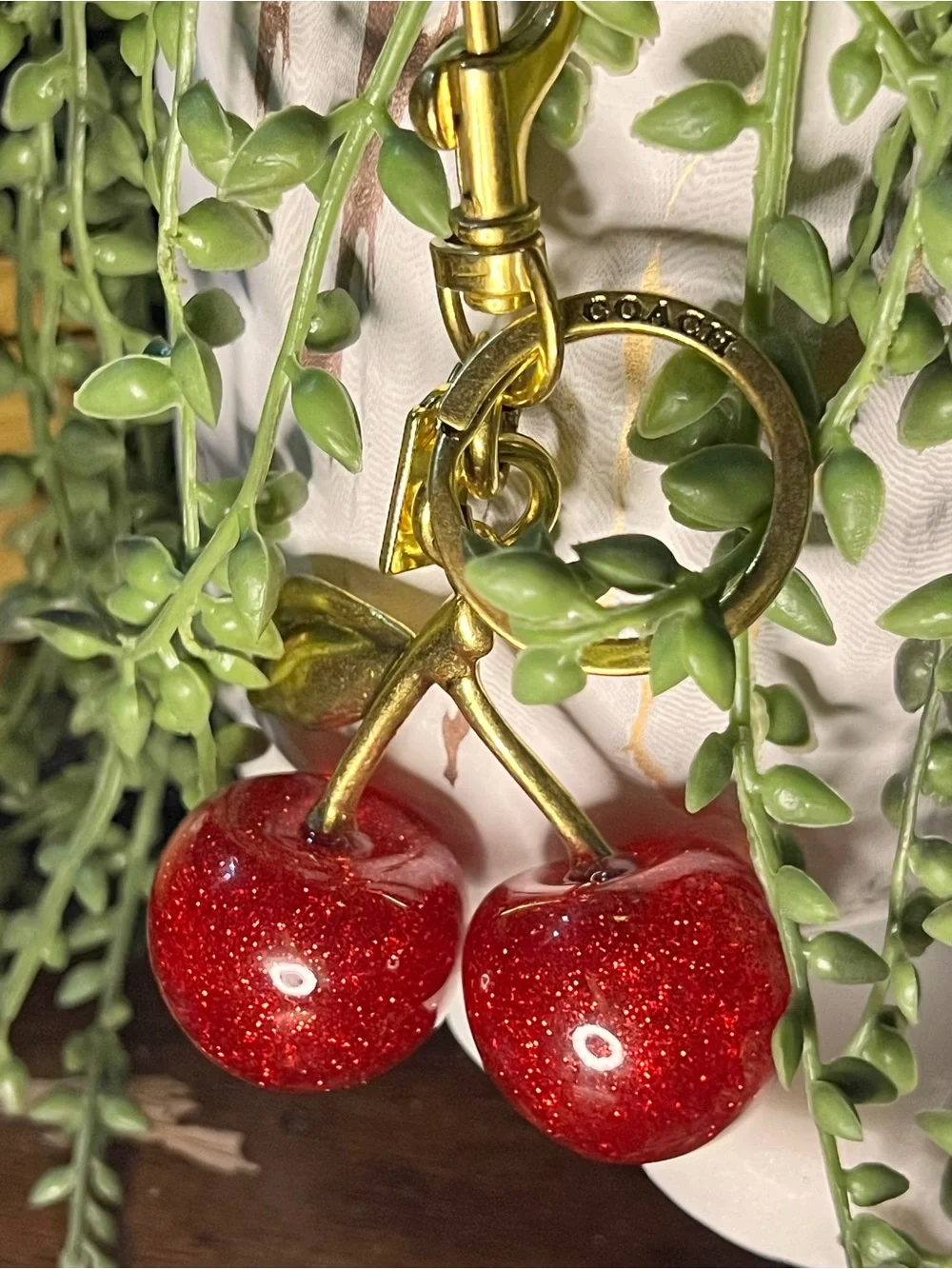 Coach Gold-Tone Cherry Key Charm with Red Glitter Cherries